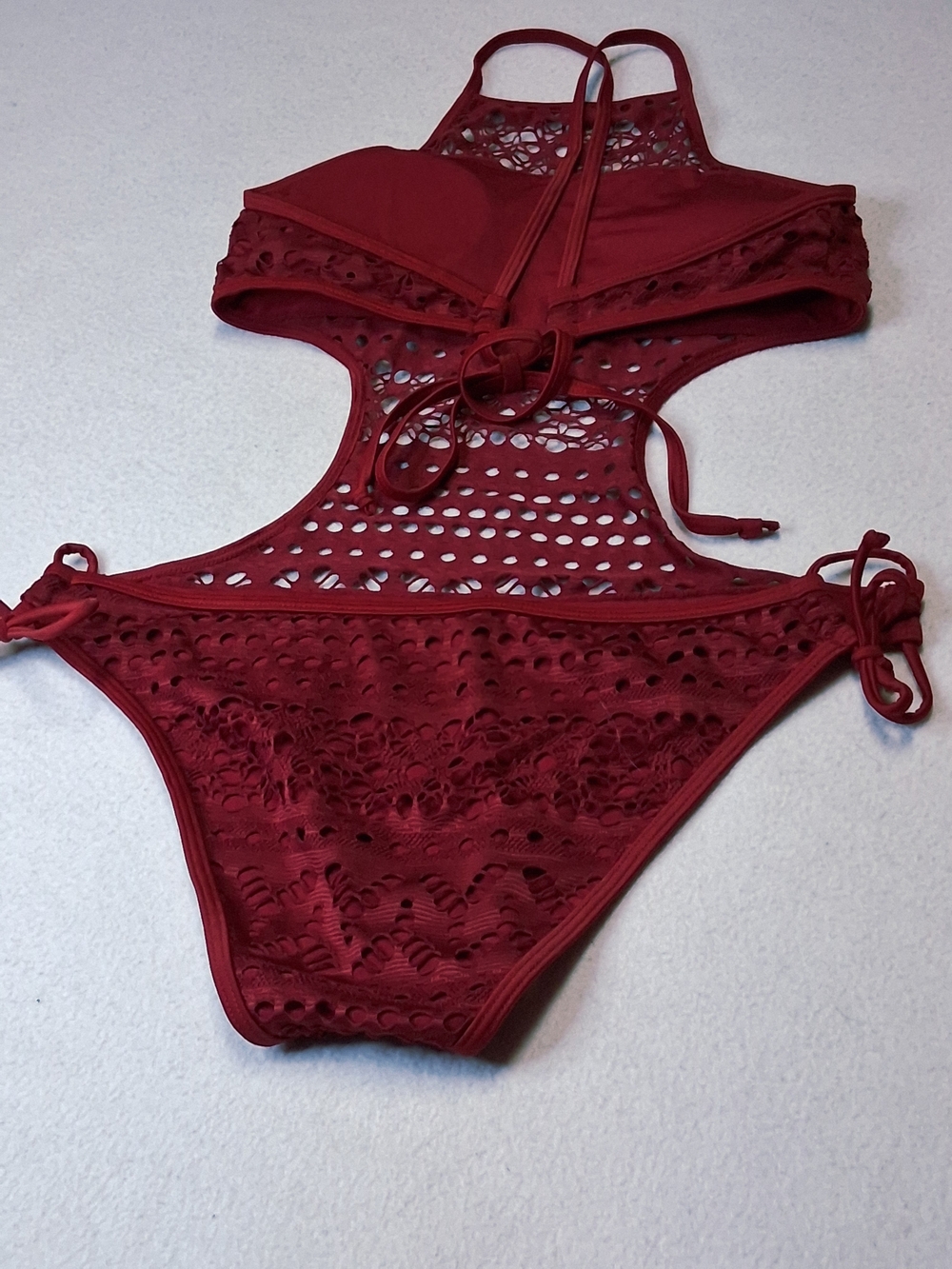 4/20$ ➡️   Crochet Cutout One-Piece Swimsuit - Wine Burgundy Crochet Monokini - Picture 4 of 11